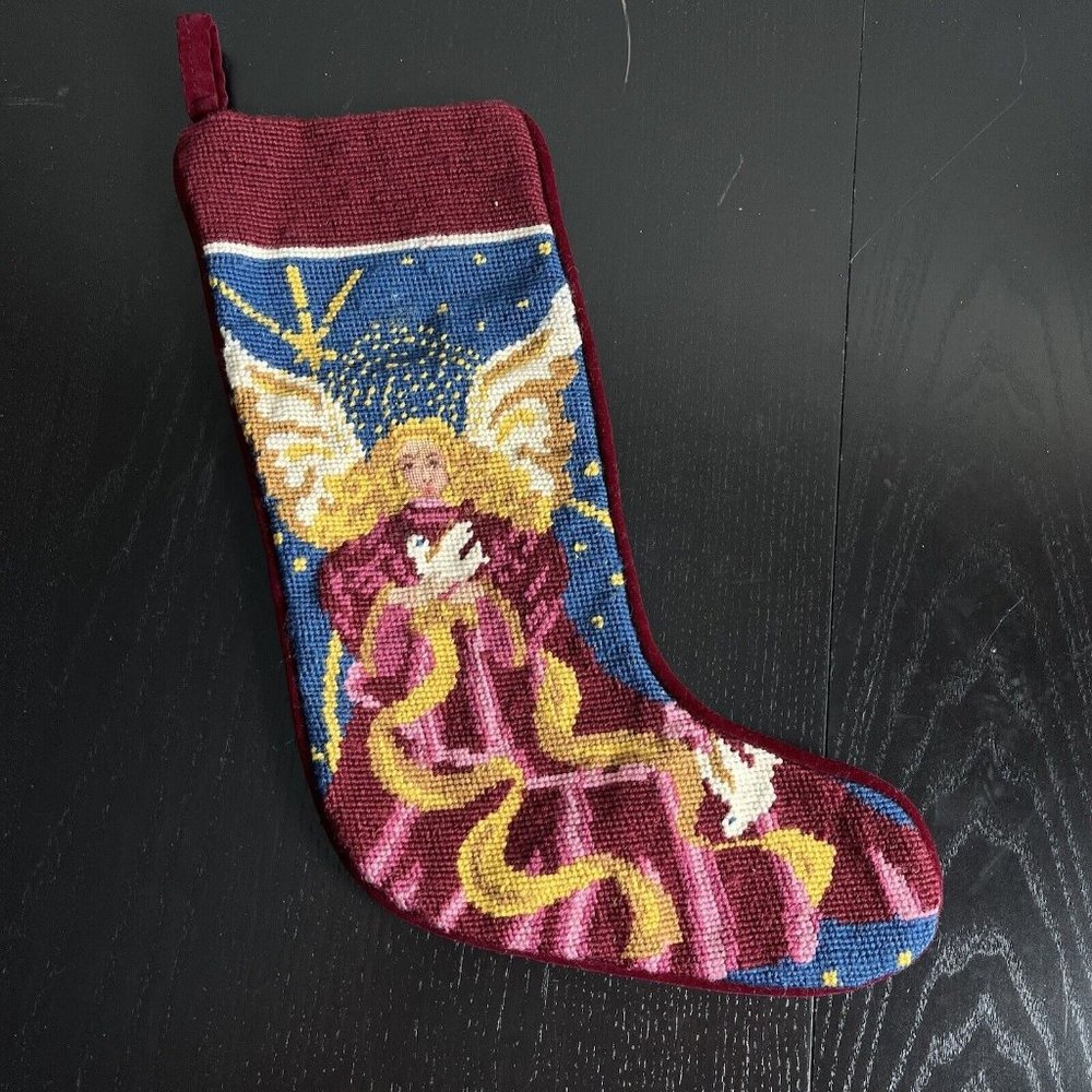 Vintage Needlepoint Christmas Stocking Angel Red Velvet Back Imperial Elegance
